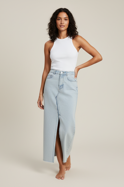 Jupe Jean Bleu Clair Fente Avant Chic