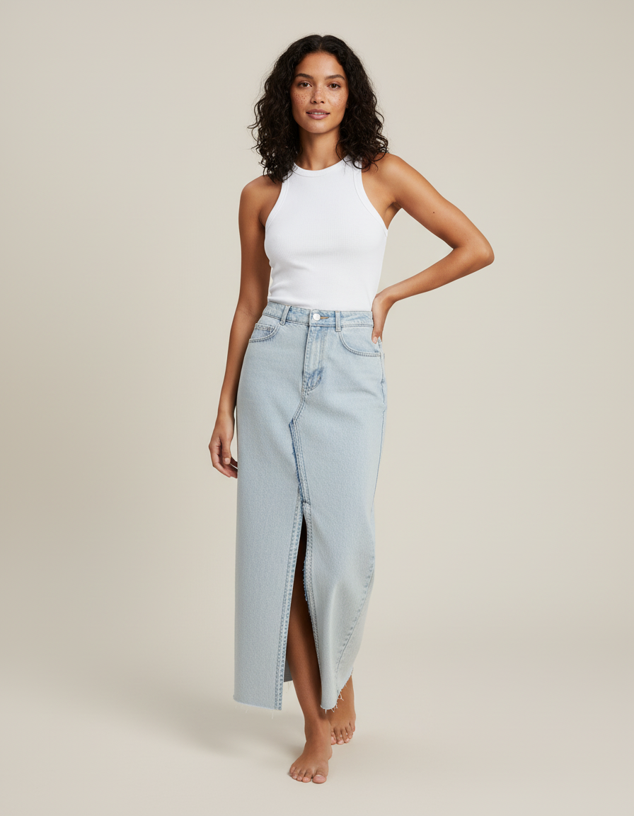 Jupe Jean Bleu Clair Fente Avant Chic