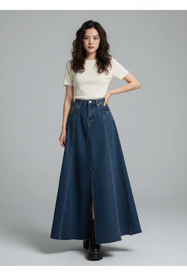 Jupe Jean Évasée Fendue Élégante