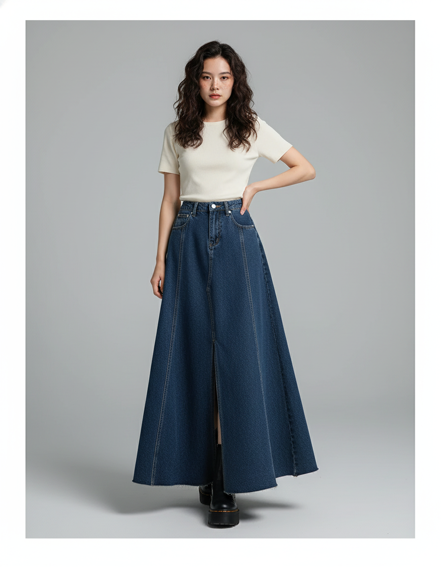 Jupe Jean Évasée Fendue Élégante