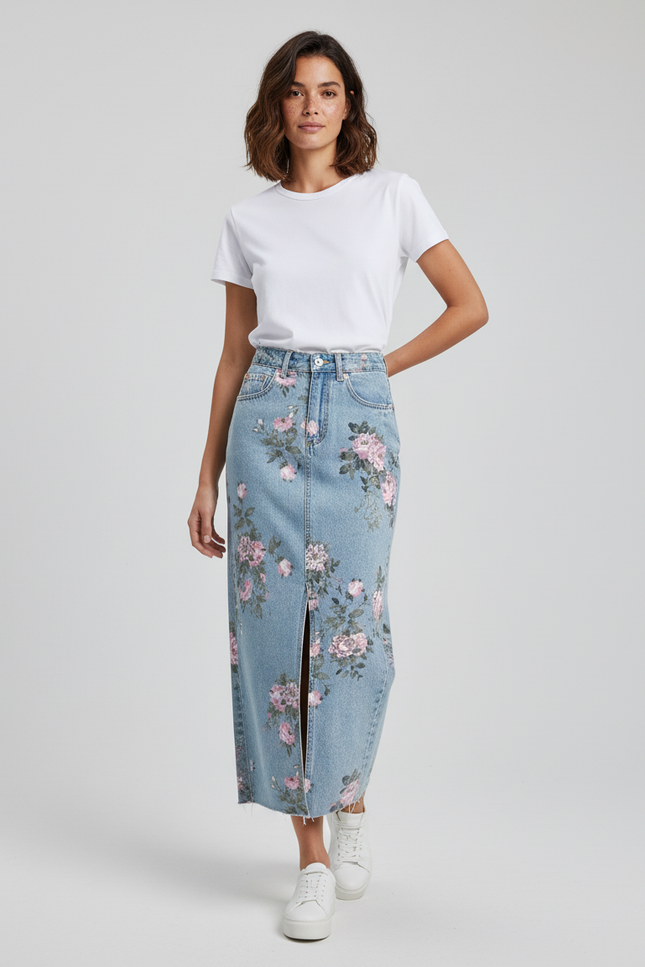 Jupe Jean Florale Fendue Bohème