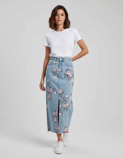 Jupe Jean Florale Fendue Bohème