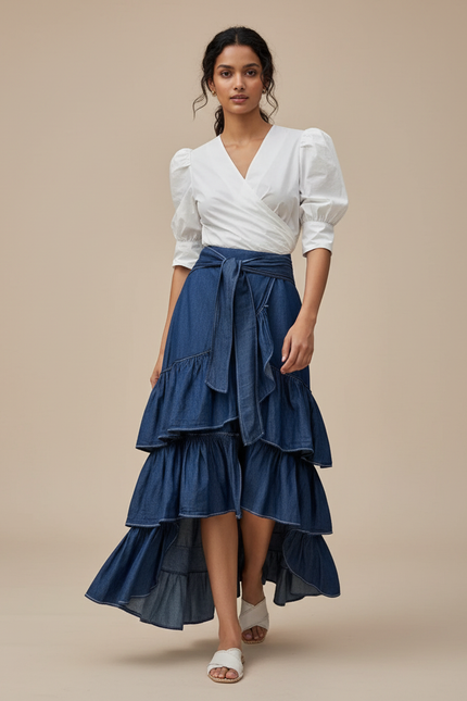 Jupe Jean À Volants Asymétrique Fluide