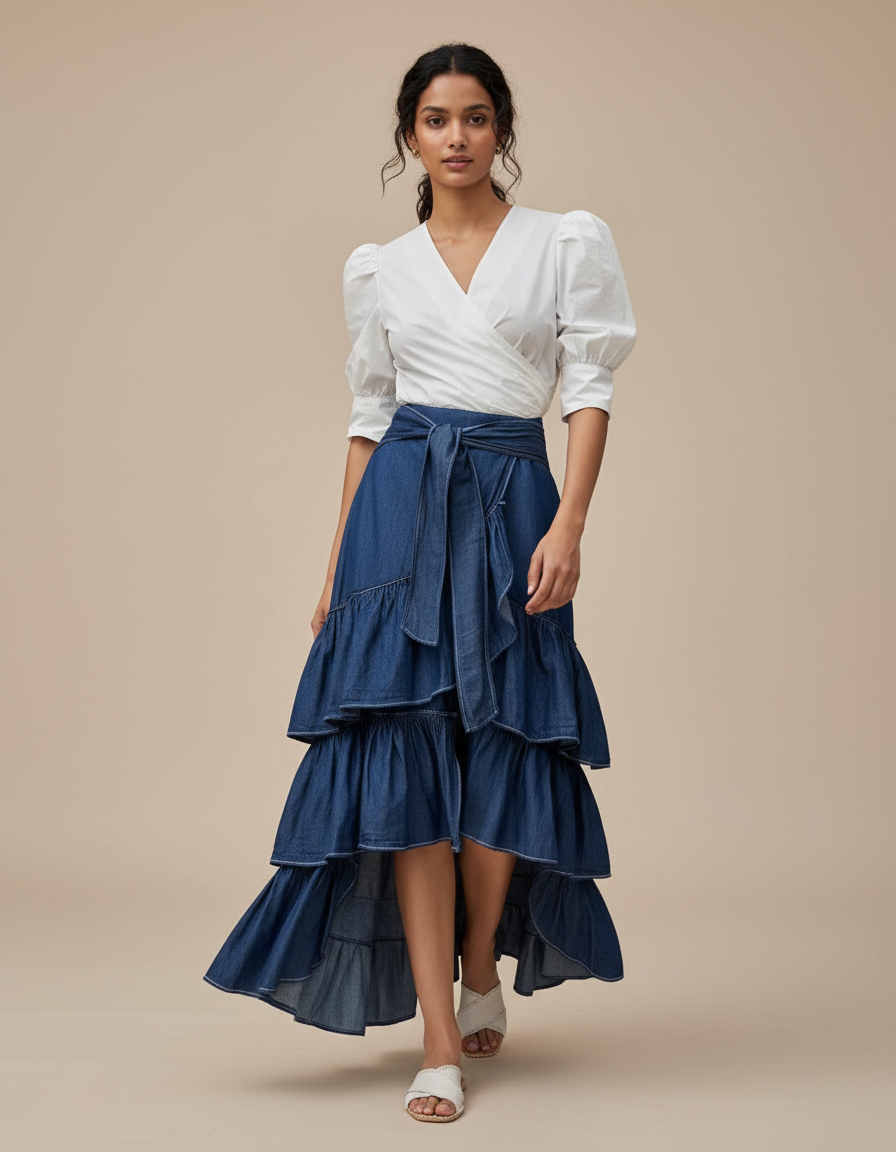 Jupe Jean À Volants Asymétrique Fluide