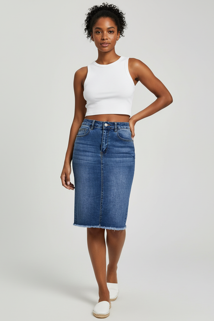 Jupe Jean Taille Haute Frangée Décontractée