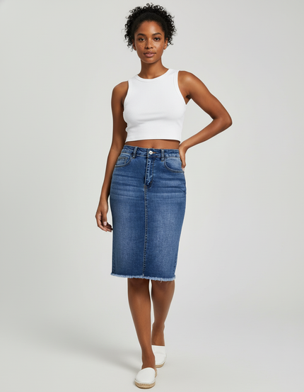 Jupe Jean Taille Haute Frangée Décontractée
