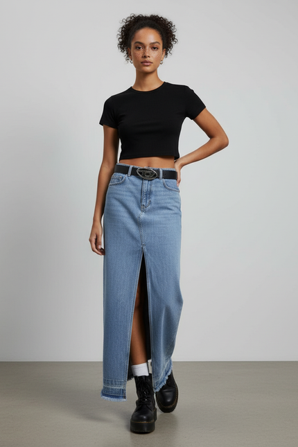 Jupe Jean Bords Effilochés Fente Décontractée