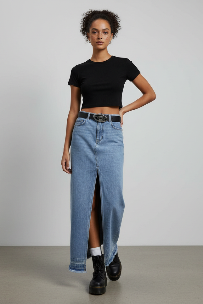 Jupe Jean Bords Effilochés Fente Décontractée