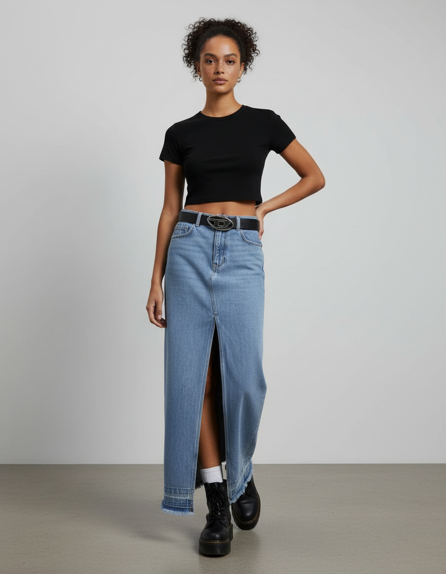 Jupe Jean Bords Effilochés Fente Décontractée