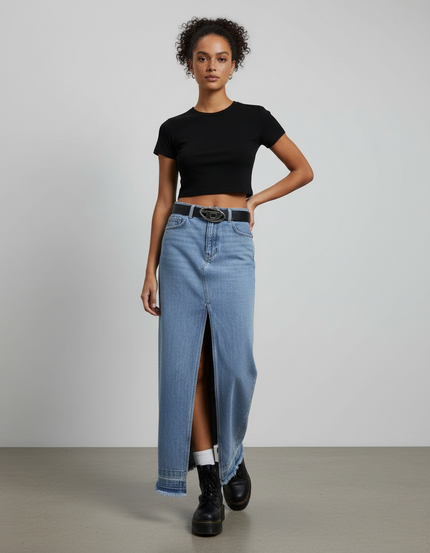 Jupe Jean Bords Effilochés Fente Décontractée