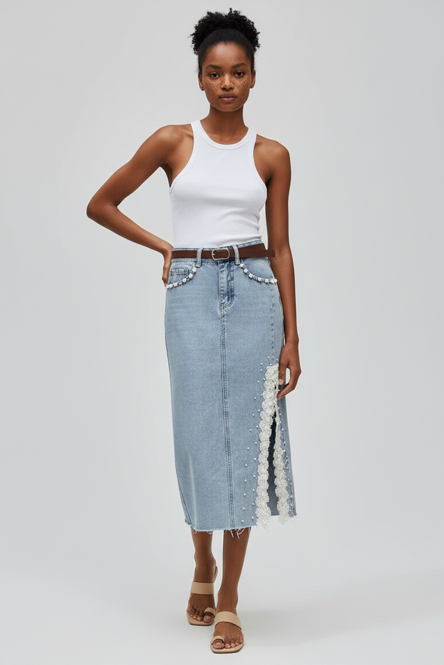Jupe Jean Fendue Dentelle Perles Chic