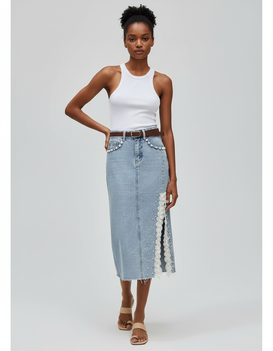 Jupe Jean Fendue Dentelle Perles Chic