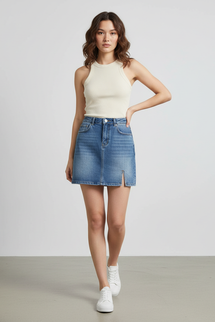 Jupe Jean Taille Haute Fendue Chic Raffinée