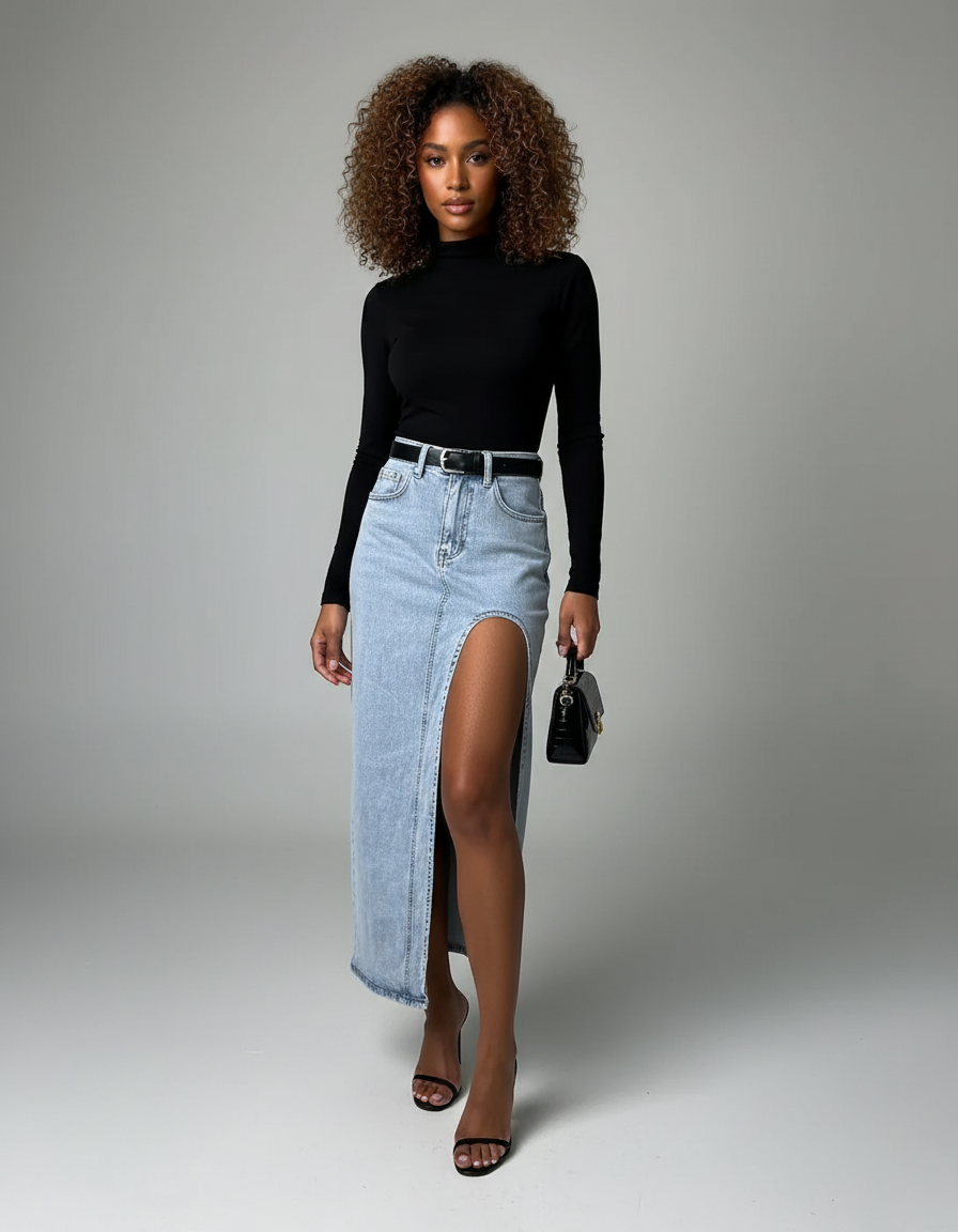 Jupe Jean Longue Fente Haute Chic