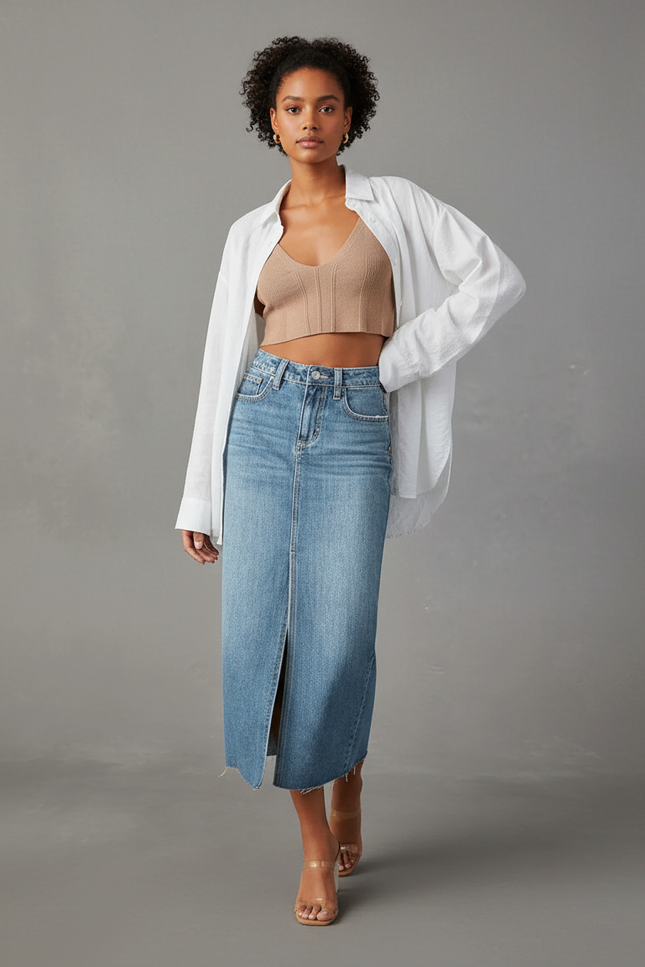 Jupe Jean Fendue Midi Chic