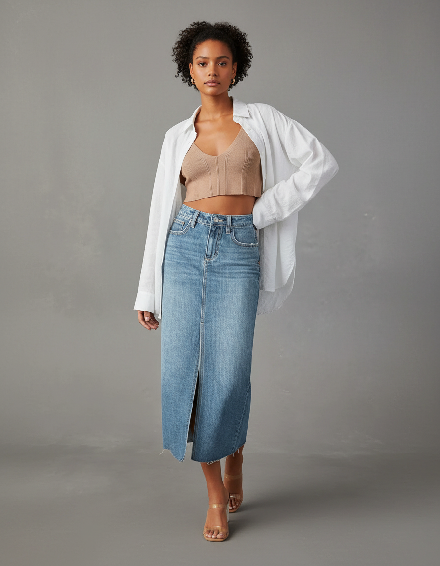 Jupe Jean Fendue Midi Chic