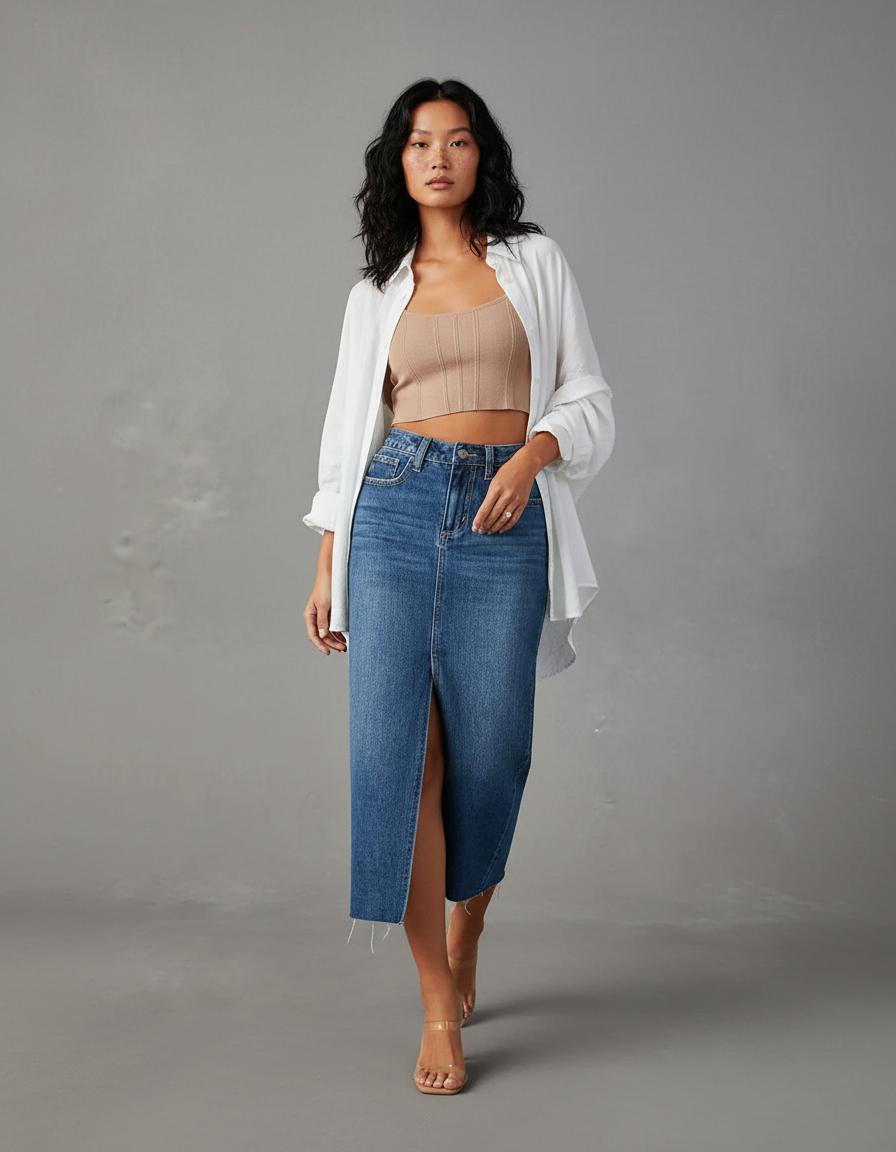 Jupe Jean Fendue Midi Chic Élancée