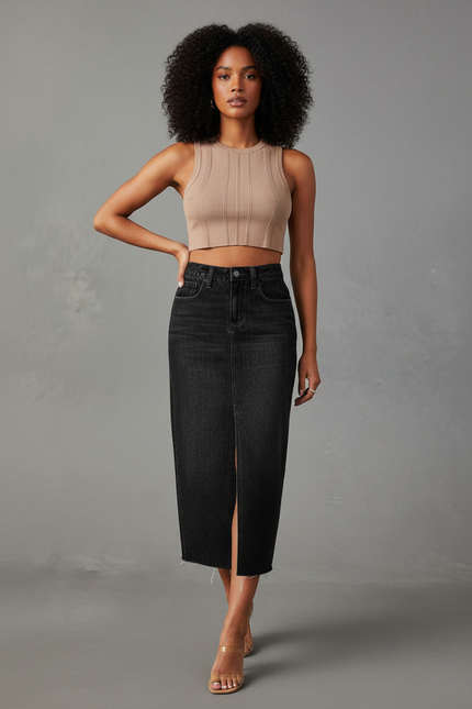 Jupe Jean Noire Fendue Chic Sobre