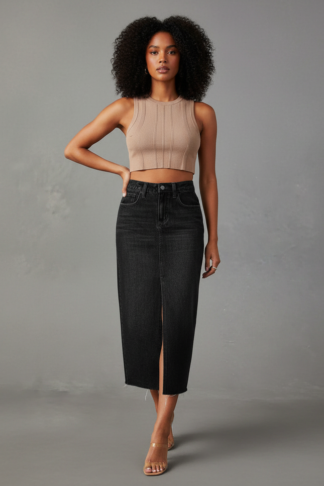 Jupe Jean Noire Fendue Chic Sobre