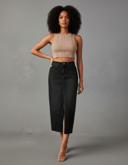 Jupe Jean Noire Fendue Chic Sobre