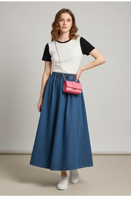 Jupe Jean Midi Taille Haute Plissée