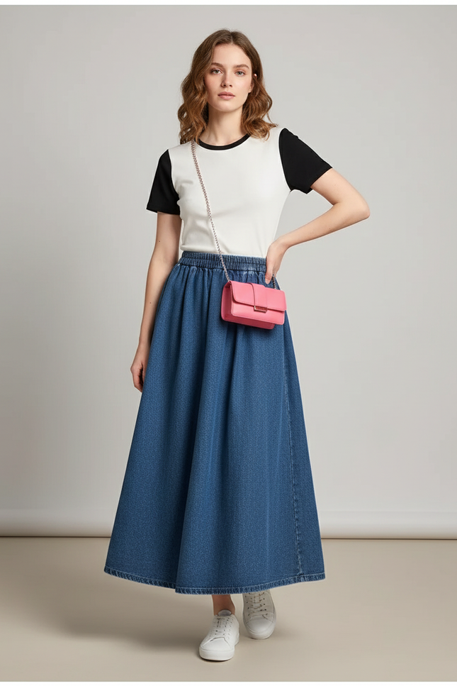 Jupe Jean Midi Taille Haute Plissée