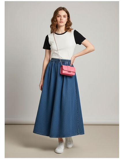 Jupe Jean Midi Taille Haute Plissée