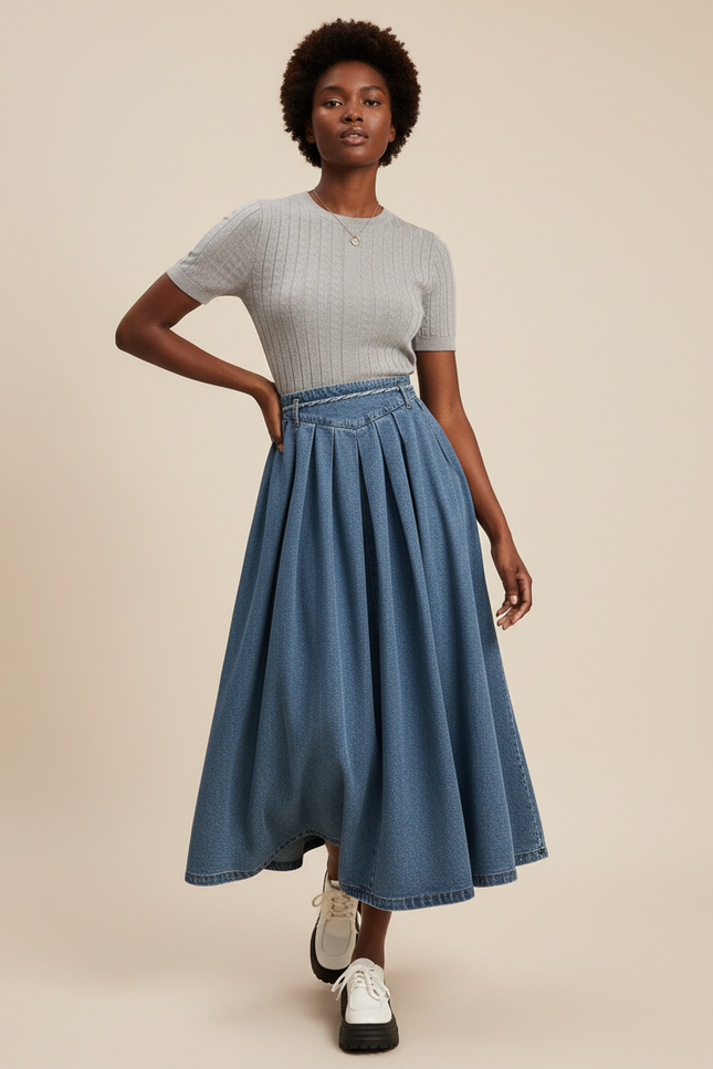 Jupe Jean Plissée Midi Chic Féminine