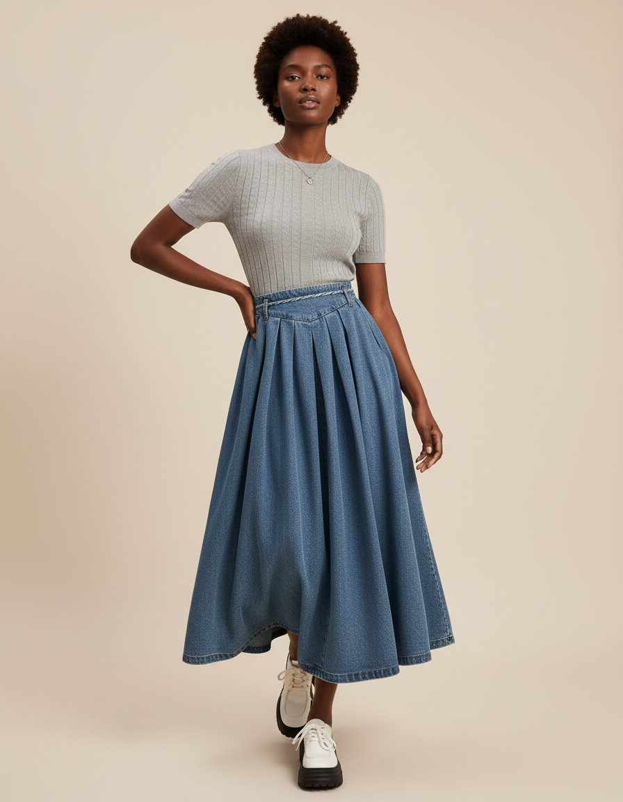 Jupe Jean Plissée Midi Chic Féminine