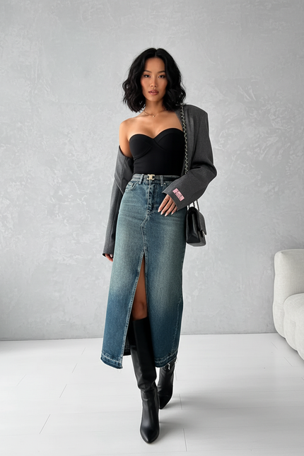 Jupe Jean Dégradée Fendue Chic