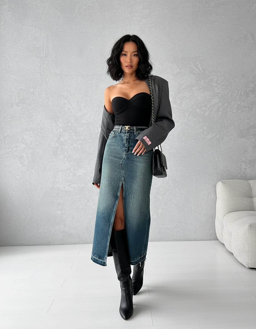 Jupe Jean Dégradée Fendue Chic