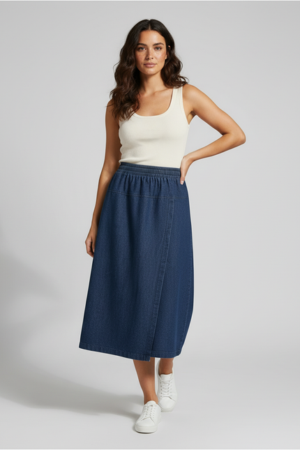 Jupe Jean Mi-Longue Effet Portefeuille Fluide