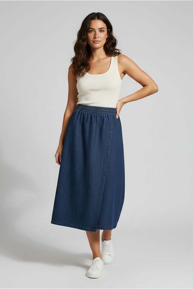 Jupe Jean Mi-Longue Effet Portefeuille Fluide