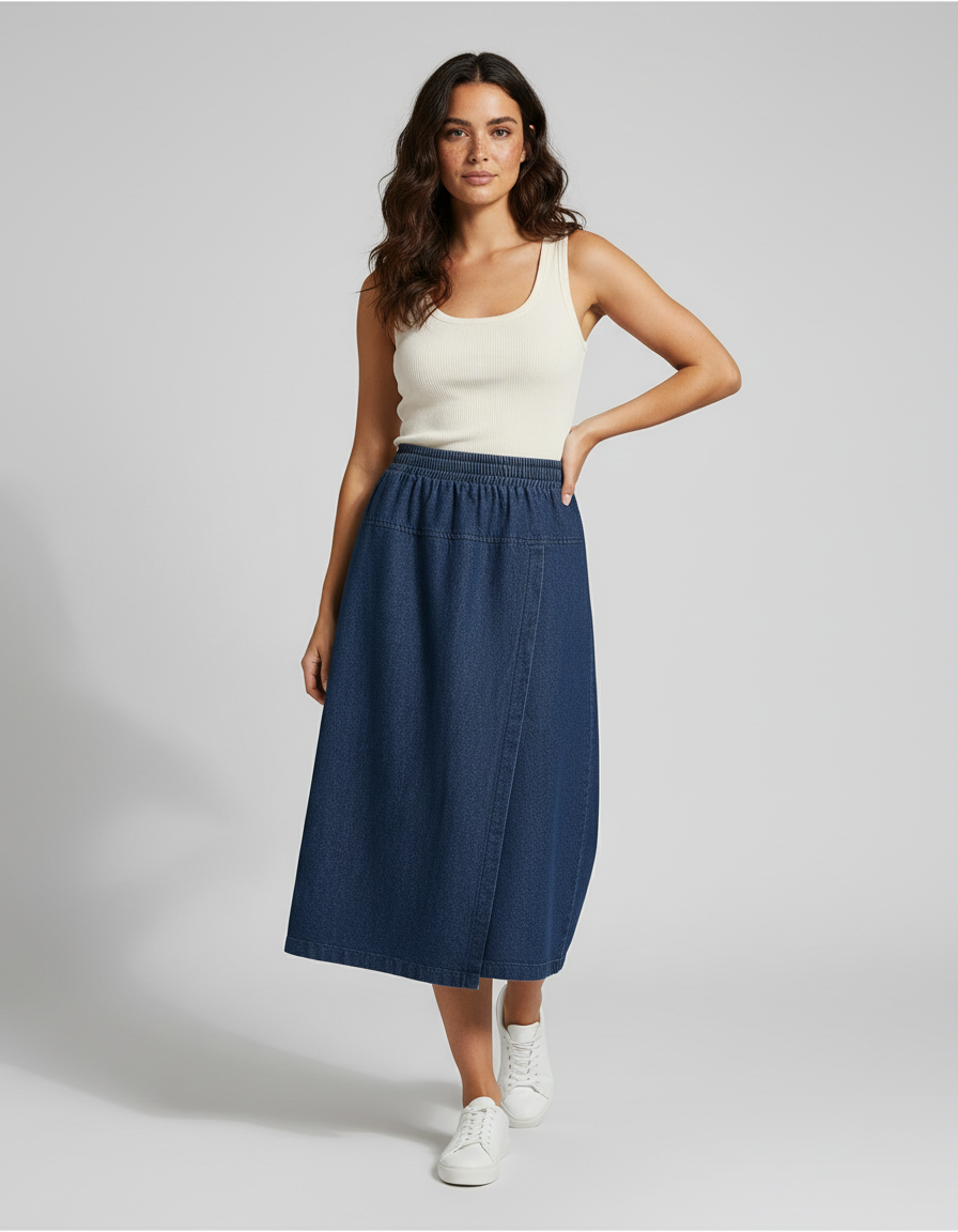 Jupe Jean Mi-Longue Effet Portefeuille Fluide