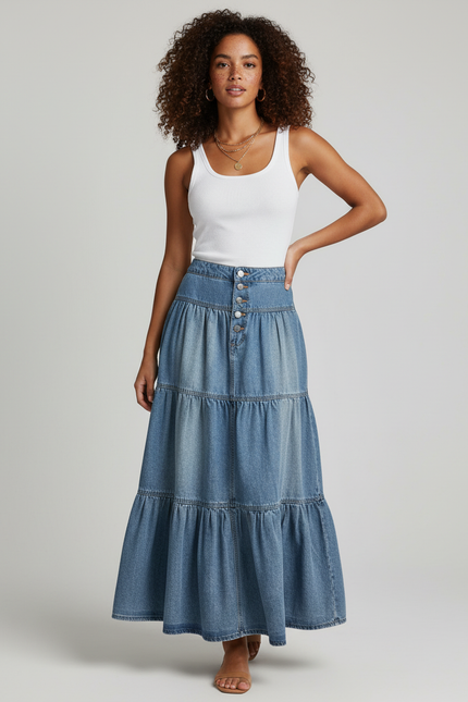 Jupe Jean Longue À Volants Bohème