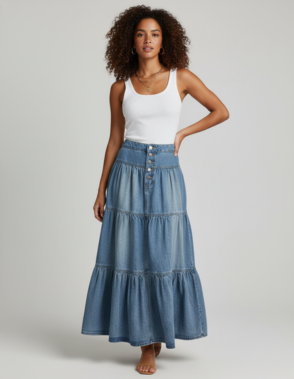 Jupe Jean Longue À Volants Bohème