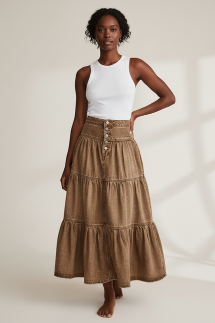 Jupe Jean Marron À Volants Bohème