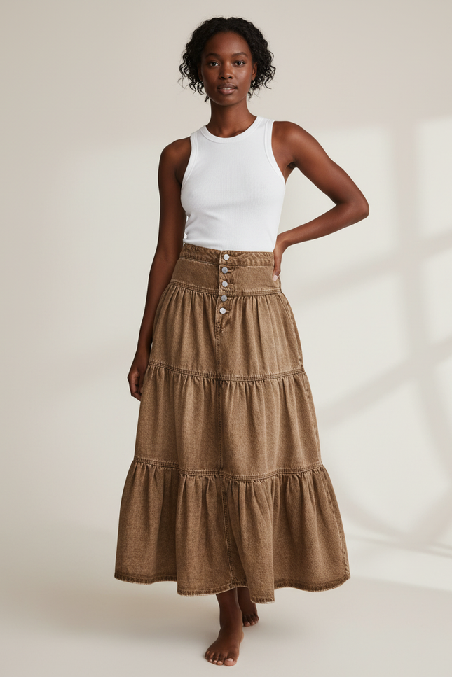 Jupe Jean Marron À Volants Bohème