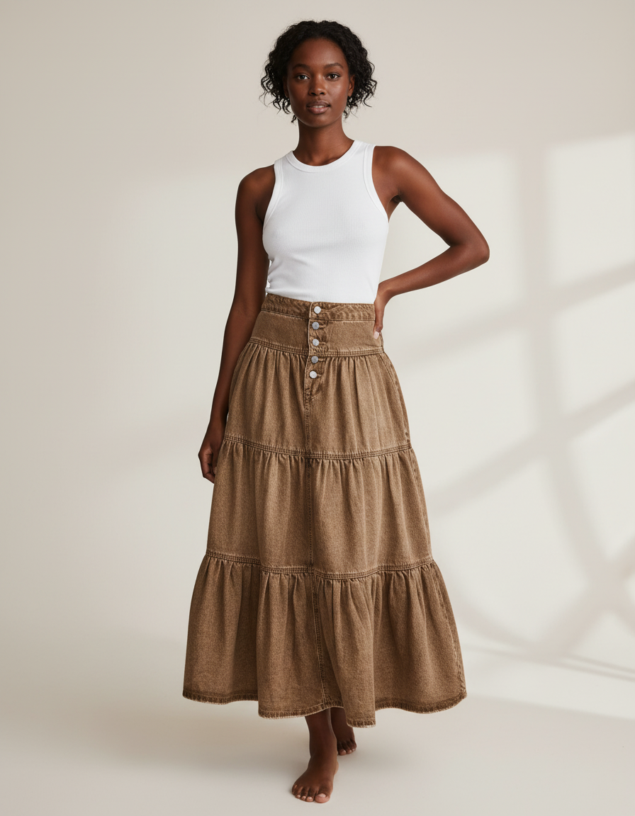 Jupe Jean Marron À Volants Bohème