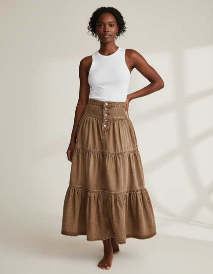 Jupe Jean Marron À Volants Bohème