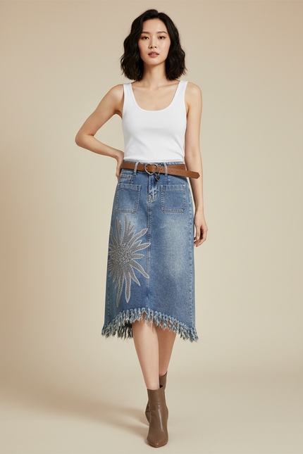 Jupe Jean Brodée Effilochée Chic