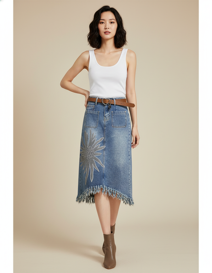 Jupe Jean Brodée Effilochée Chic