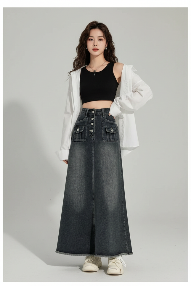 Jupe Jean Longue Boutonnée Chic