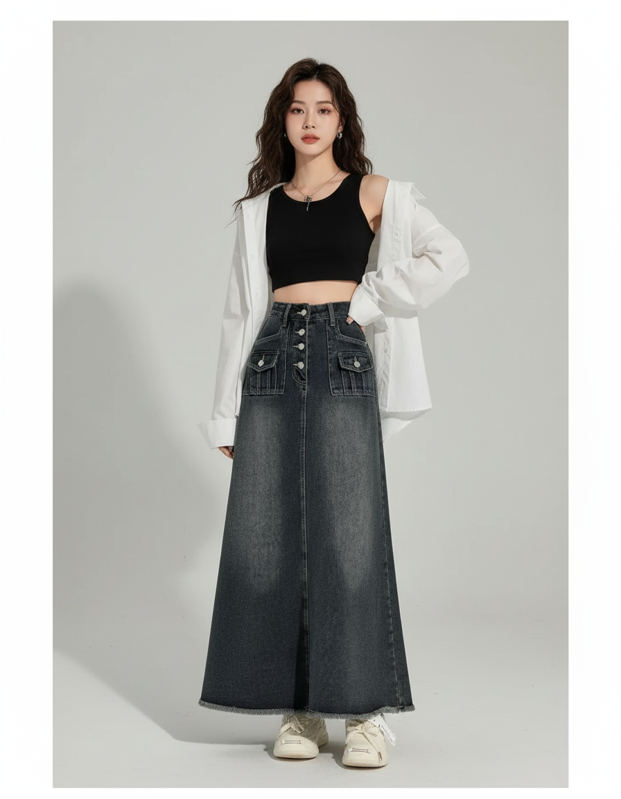 Jupe Jean Longue Boutonnée Chic