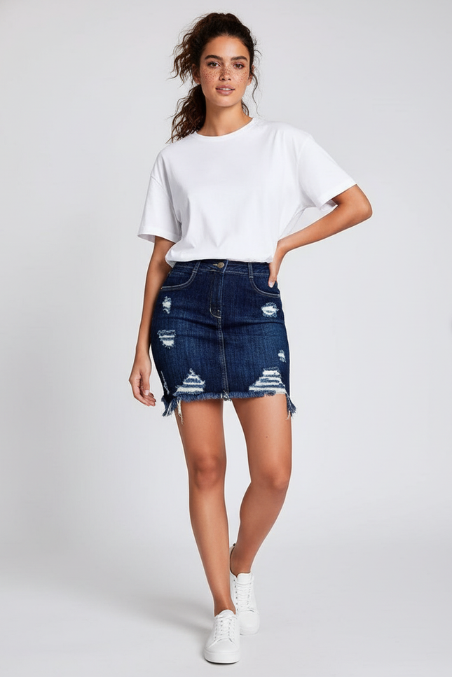 Jupe Jean Délavée Frangée Décontractée