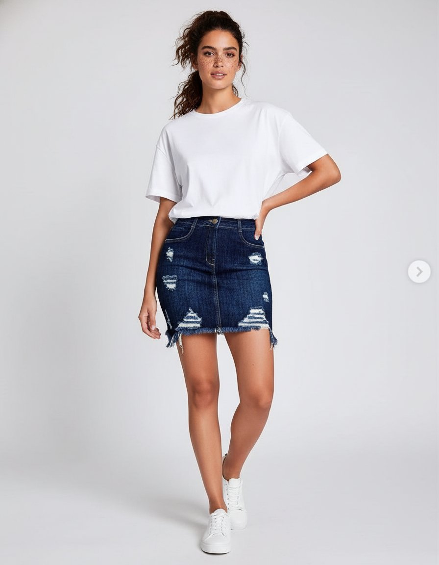 Jupe Jean Délavée Frangée Décontractée