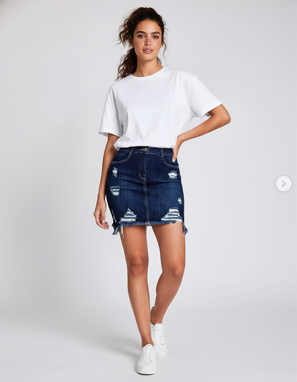 Jupe Jean Délavée Frangée Décontractée