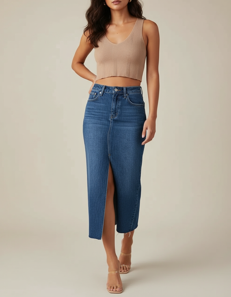 Jupe Jean Taille Haute Fendue Décontractée Polyvalente