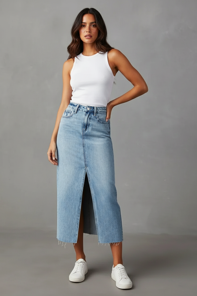 Jupe Jean Délavée Fendue Décontractée