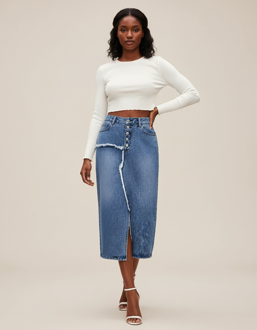 Jupe Jean Effilochée Fendue Chic